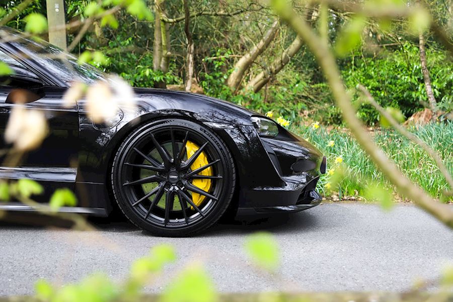 Porsche Taycan Turbo lowered and installed with Vossen HF4T in Satin Black