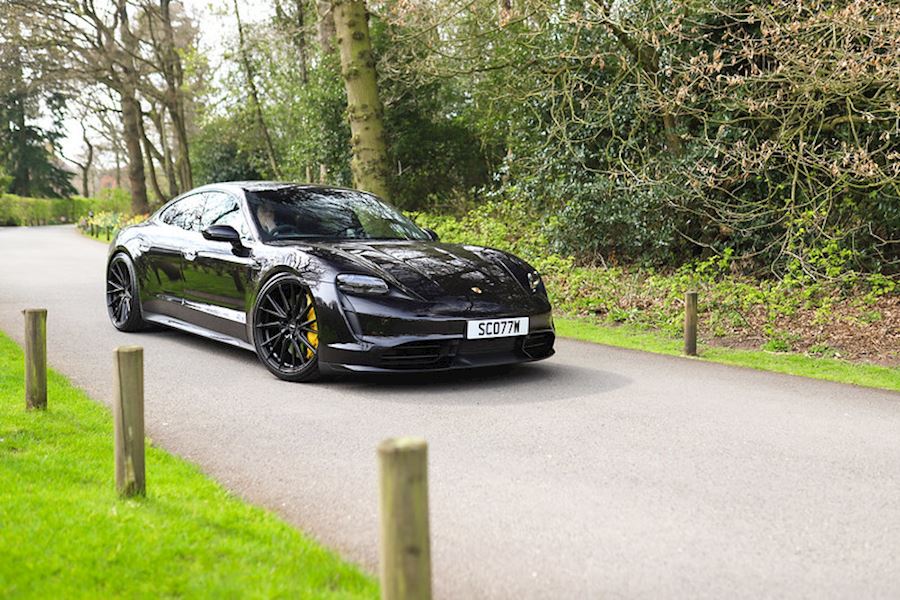 Porsche Taycan Turbo lowered and installed with Vossen HF4T in Satin Black