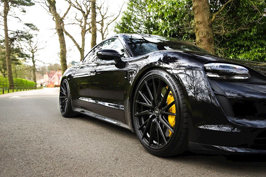 Porsche Taycan Turbo lowered and installed with Vossen HF4T in Satin Black