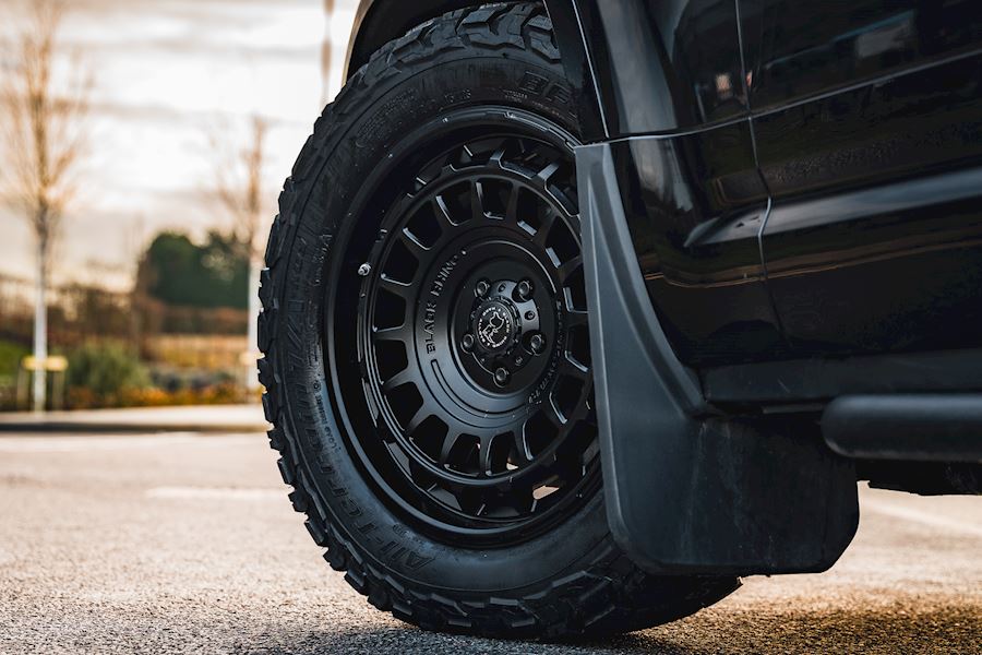 Land Rover Defender 90 installed with Black Rhino AWOL wheels finished in Satin Black
