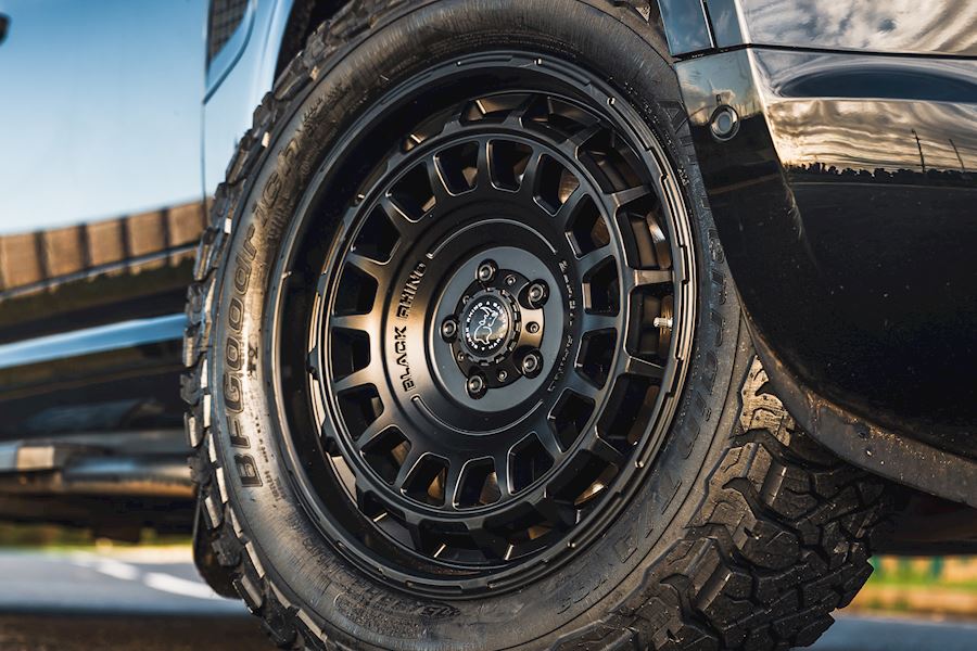 Land Rover Defender 90 installed with Black Rhino AWOL wheels finished in Satin Black