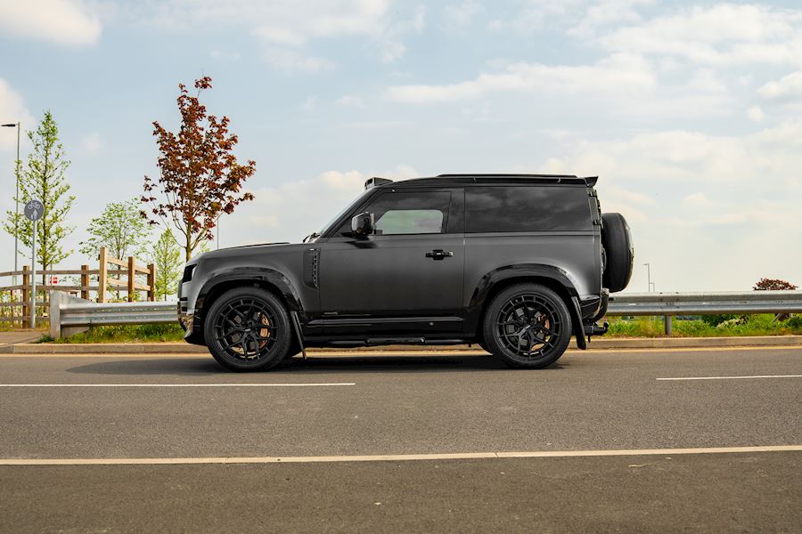 LR Defender Installed with Vossen HFX-1 wheels finished in Satin Black 22x10.5, Deep Front, Super Deep Rear