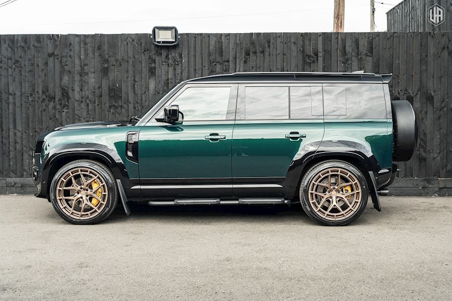 Land Rover Defender 110 installed with Vossen HFX-1 wheels finished in Satin Bronze 23x10.5 Mid Front, Superdeep Rear